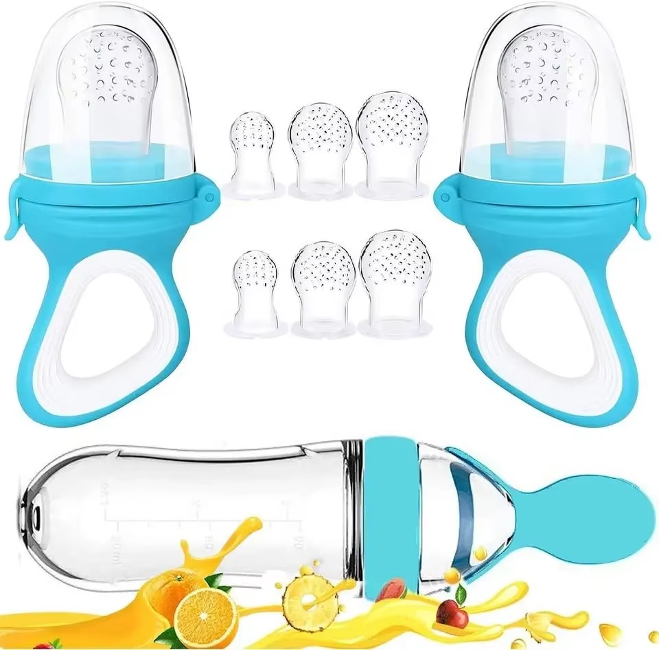 11-piece baby feeding set includes 2 fruit feeders that also act as pacifiers, 6 silicone nipples, and 1 squeeze spoon feeder. BPA-free, soft, and perfect for safe weaning and teething relief.
