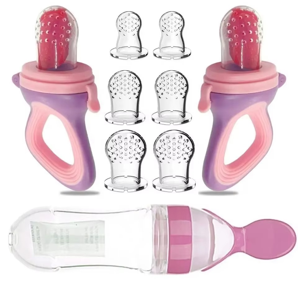 11-piece baby feeding set includes 2 fruit feeders that also act as pacifiers, 6 silicone nipples, and 1 squeeze spoon feeder. BPA-free, soft, and perfect for safe weaning and teething relief.