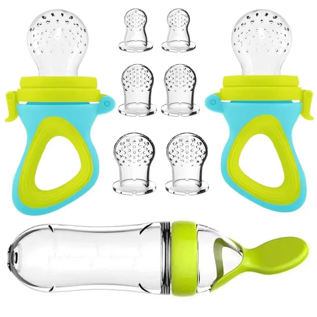 11-piece baby feeding set includes 2 fruit feeders that also act as pacifiers, 6 silicone nipples, and 1 squeeze spoon feeder. BPA-free, soft, and perfect for safe weaning and teething relief.