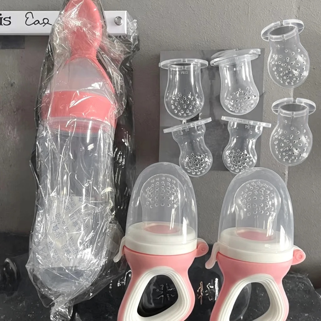 11-piece baby feeding set includes 2 fruit feeders that also act as pacifiers, 6 silicone nipples, and 1 squeeze spoon feeder. BPA-free, soft, and perfect for safe weaning and teething relief.