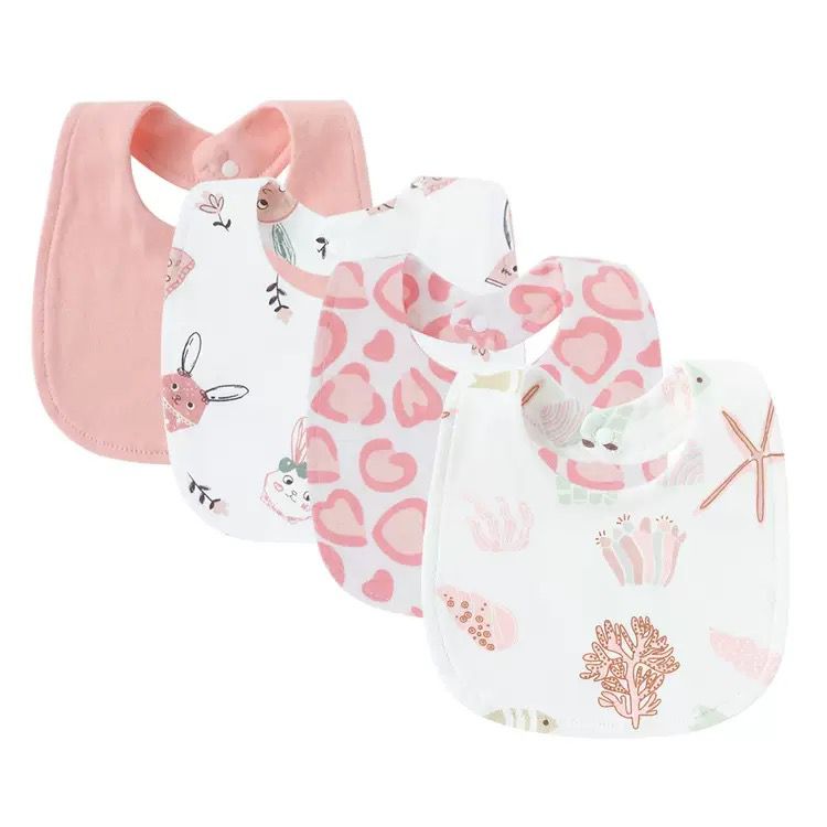 Baby 4-Piece Cotton Bib Set – Soft, Absorbent & Snap Closure Feeding Bibs (Cute Prints for Boys & Girls) Blue Pink Grey Purple