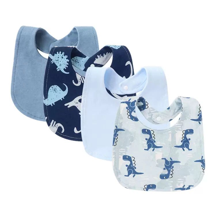 Baby 4-Piece Cotton Bib Set – Soft, Absorbent & Snap Closure Feeding Bibs (Cute Prints for Boys & Girls) Blue Pink Grey Purple