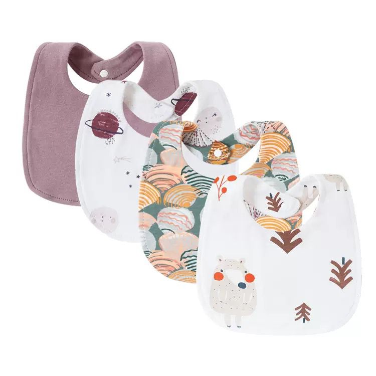Baby 4-Piece Cotton Bib Set – Soft, Absorbent & Snap Closure Feeding Bibs (Cute Prints for Boys & Girls) Blue Pink Grey Purple