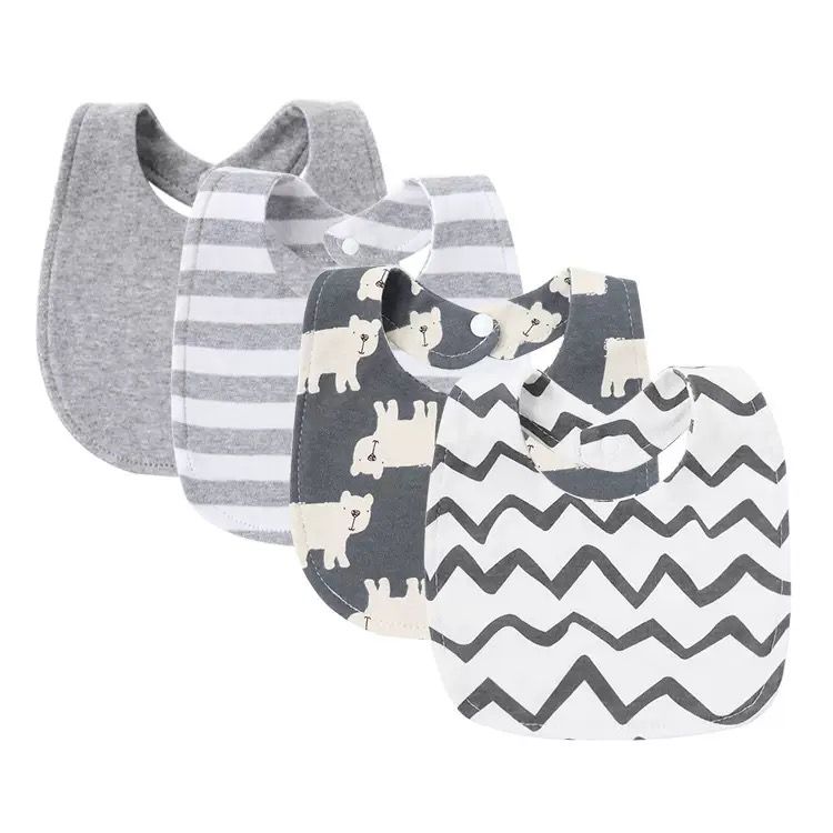 Baby 4-Piece Cotton Bib Set – Soft, Absorbent & Snap Closure Feeding Bibs (Cute Prints for Boys & Girls) Blue Pink Grey Purple