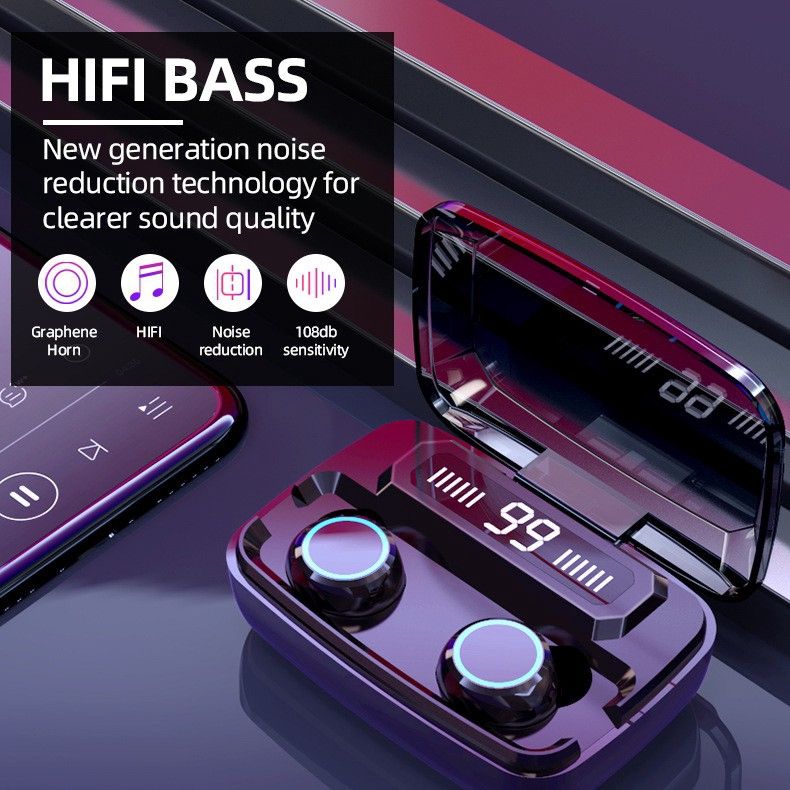 Aloking Bluetooth Earphone TWS Large Capacity in-ear Earbuds Music HIFI Sound Bass Noise Cancelling Bluetooth Wireless Earphone with Mic Touch Control Waterproof Mini Earphone Bluetooth Headset Pods