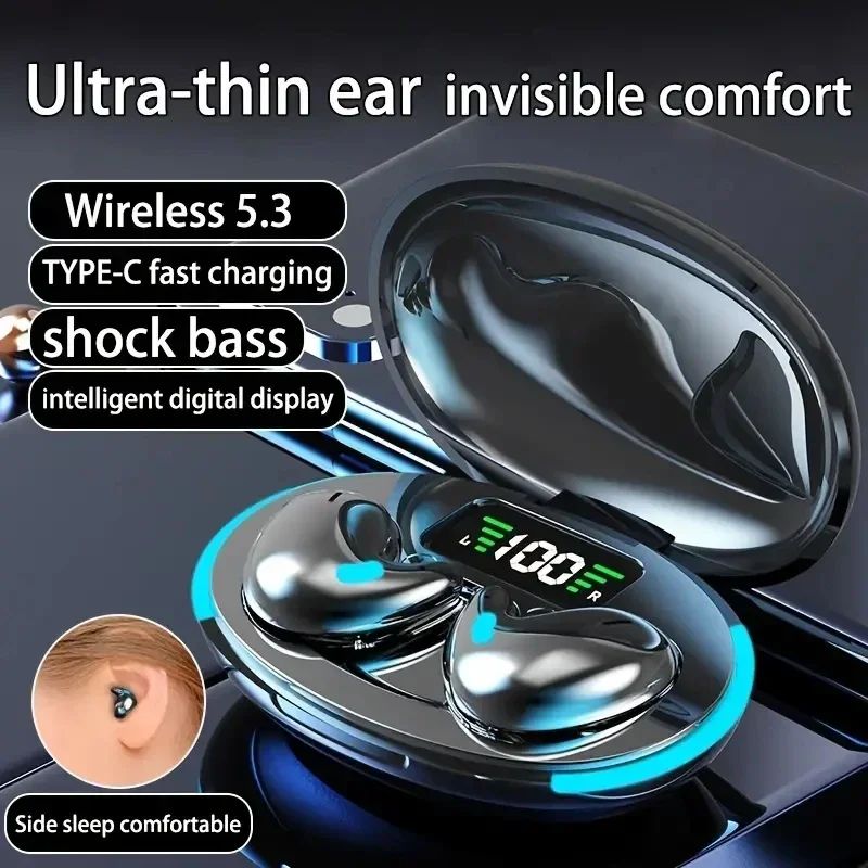 Aloking TWS Wireless Bluetooth Earphones X55 Sleep Invisible Headset Waterproof Noise Reduction Headset With Mic HD Call Mini Sport Game Earpods HIFI Sleep Wireless Earphone Earbuds Super Bass Earpods