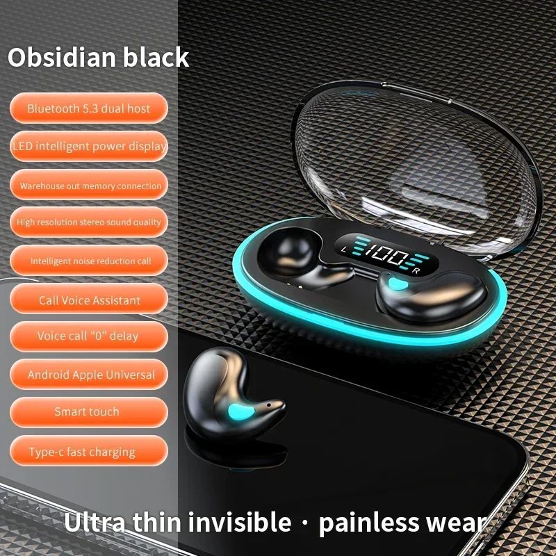 Aloking TWS Wireless Bluetooth Earphones X55 Sleep Invisible Headset Waterproof Noise Reduction Headset With Mic HD Call Mini Sport Game Earpods HIFI Sleep Wireless Earphone Earbuds Super Bass Earpods