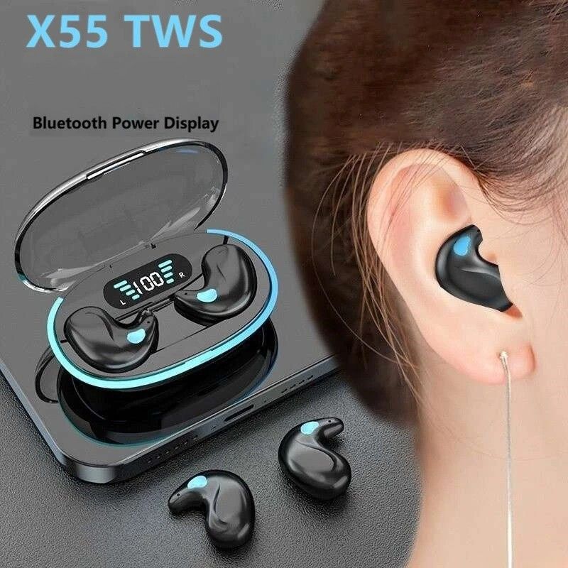 Aloking TWS Wireless Bluetooth Earphones X55 Sleep Invisible Headset Waterproof Noise Reduction Headset With Mic HD Call Mini Sport Game Earpods HIFI Sleep Wireless Earphone Earbuds Super Bass Earpods