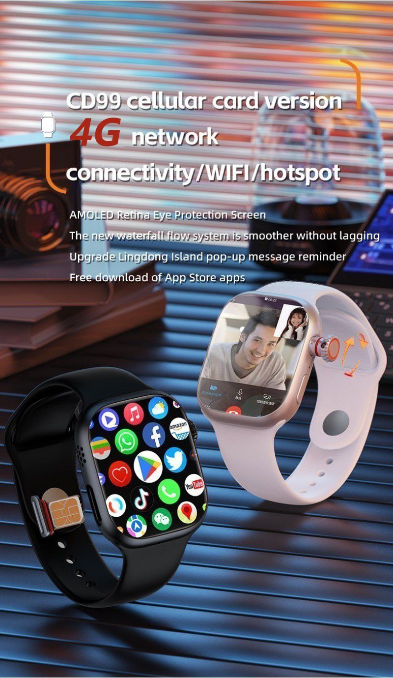 Men Smart Watch With SIM Card Slot Wifi 4G Bluetooth Women Smart watch Rotating Camera App Download AMOLED Men Smartwatch 2.06'' Full Screen Waterproof smart bracelet CD99 PK CDS9 DW89 S9 Smart Watch