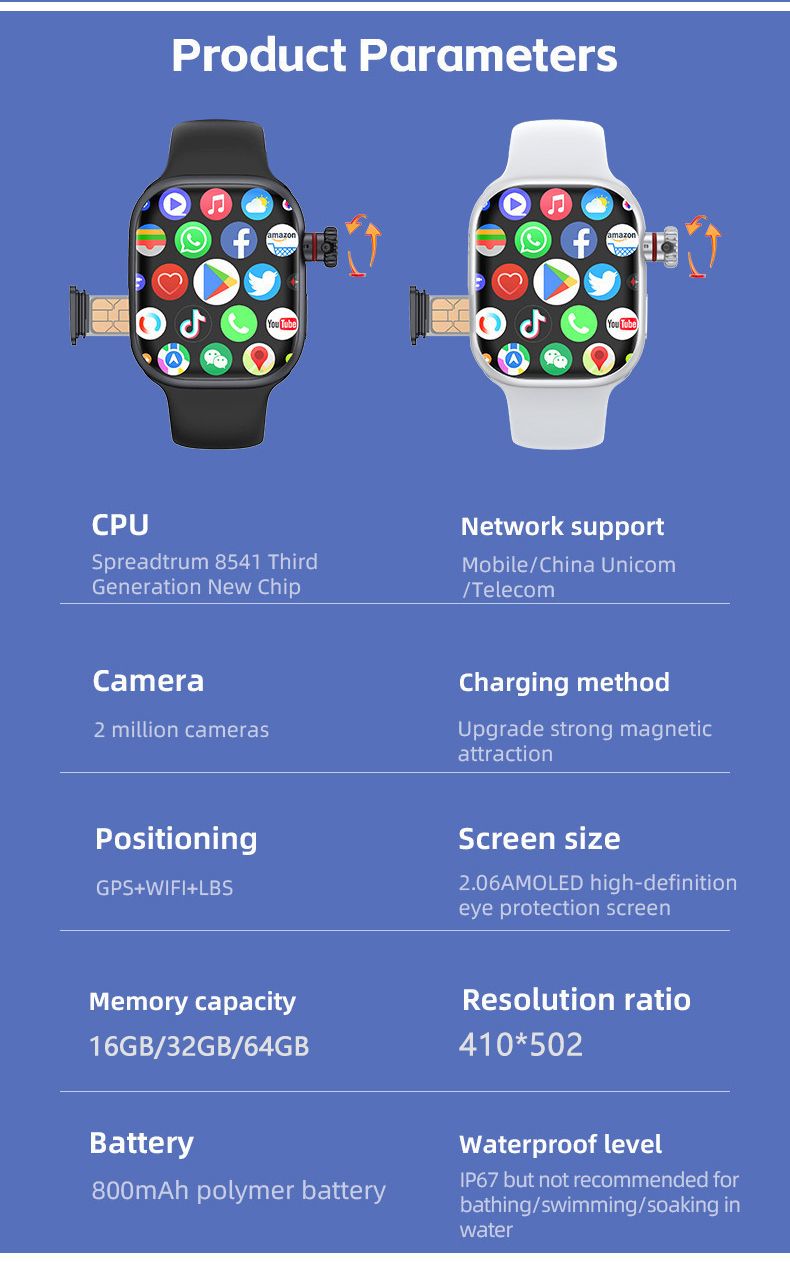 Men Smart Watch With SIM Card Slot Wifi 4G Bluetooth Women Smart watch Rotating Camera App Download AMOLED Men Smartwatch 2.06'' Full Screen Waterproof smart bracelet CD99 PK CDS9 DW89 S9 Smart Watch
