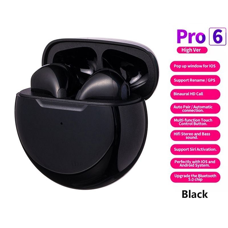 Men Pro6 TWS Bluetooth Earbuds Wireless Earphone with Touch Control 9d Stereo Build-in Micphone earpods Touch HiFi Stereo Wireless Earbuds Bluetooth Headset Pro6 earphone Black White Blue Pink earbuds