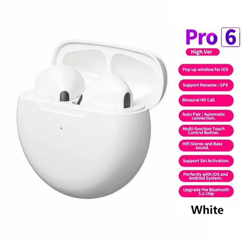 Men Pro6 TWS Bluetooth Earbuds Wireless Earphone with Touch Control 9d Stereo Build-in Micphone earpods Touch HiFi Stereo Wireless Earbuds Bluetooth Headset Pro6 earphone Black White Blue Pink earbuds