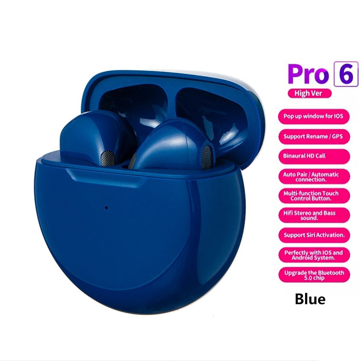 Men Pro6 TWS Bluetooth Earbuds Wireless Earphone with Touch Control 9d Stereo Build-in Micphone earpods Touch HiFi Stereo Wireless Earbuds Bluetooth Headset Pro6 earphone Black White Blue Pink earbuds