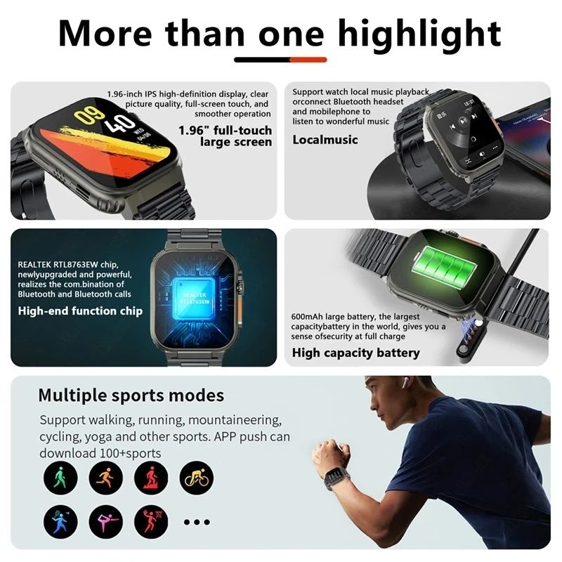 A70 Outdoor Sports smart watch Men Women Fitness Heart Rate Monitor Bluetooth Smart Watch Men 1.96'' Full Touch Sleep Monitor IP68 Waterproof Smart watch For Men Silver watch Wrist Watch Sport Watch