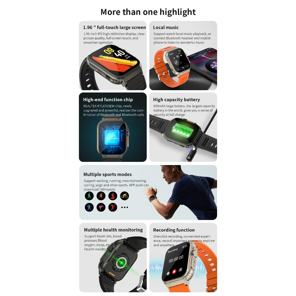 A70 Outdoor Sports smart watch Men Women Fitness Heart Rate Monitor Bluetooth Smart Watch Men 1.96'' Full Touch Sleep Monitor IP68 Waterproof Smart watch For Men Silver watch Wrist Watch Sport Watch