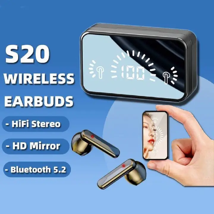 Aloking Buds TWS S20 Mirror Earphone TWS Bluetooth Earbud Wireless Touch Control Headset Noise Reduction Bluetooth Earphone with Mic Gaming Earbuds Waterproof Bluetooth Headphone Earpods For Women