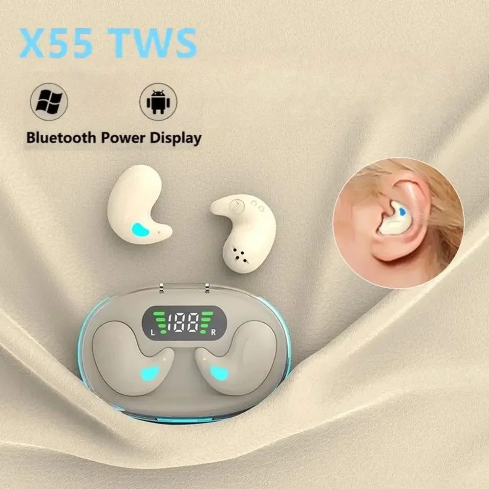 Aloking TWS Wireless Bluetooth Earphones X55 Sleep Invisible Headset Waterproof Noise Reduction Headset With Mic HD Call Mini Sport Game Earpods HIFI Sleep Wireless Earphone Earbuds Super Bass Earpods