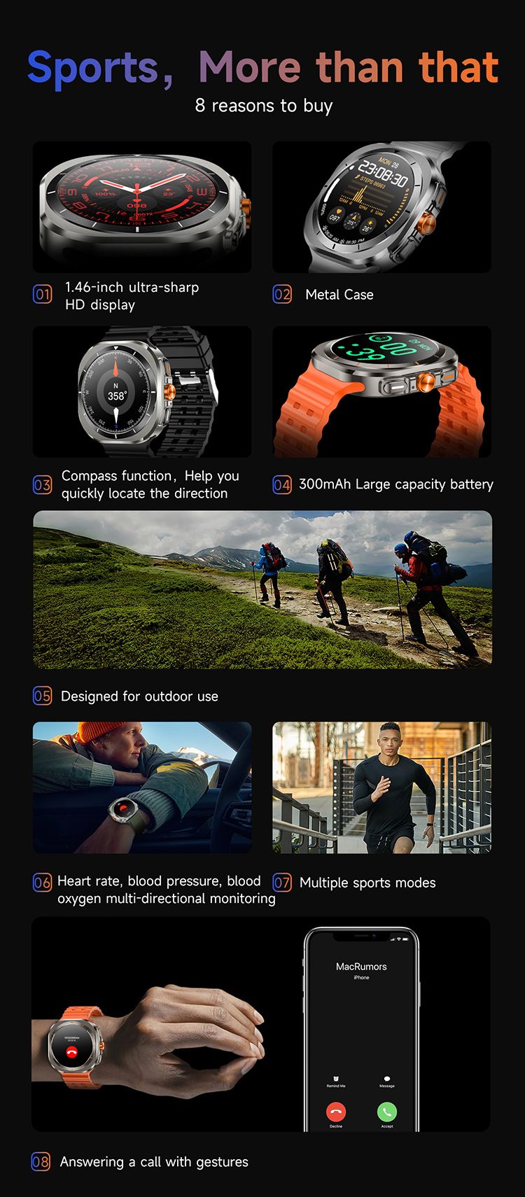 2in1 Z7 Ultra Smart Watch with 2 pcs straps Bluetooth Call Compass Health Fitness Tracker Big Battery Outdoor Sport Watch for Men Smart watch 7 Heart rate monitor Men's smart watch sports smartwatches