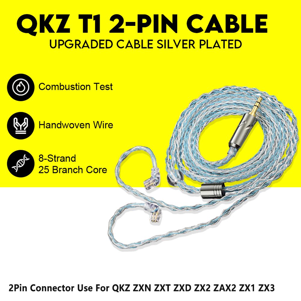 QKZ T1 3.5mm Plug Headphone Cable Upgraded Version Strong Durable Wired Earphones replacement Cable 8-Strand Silver Plated Upgrade Cord 0.75MM 2Pin HiFi Earphone Cable For QKZ ZXT ZXN ZX2 ZAX2 KZ