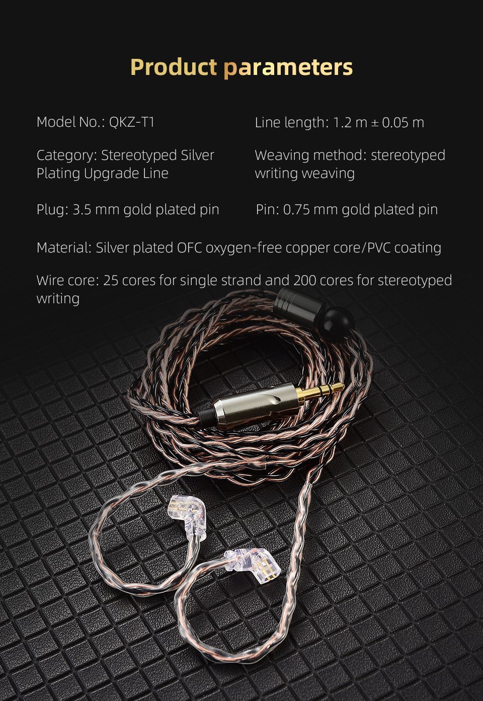 QKZ T1 3.5mm Plug Headphone Cable Upgraded Version Strong Durable Wired Earphones replacement Cable 8-Strand Silver Plated Upgrade Cord 0.75MM 2Pin HiFi Earphone Cable For QKZ ZXT ZXN ZX2 ZAX2 KZ