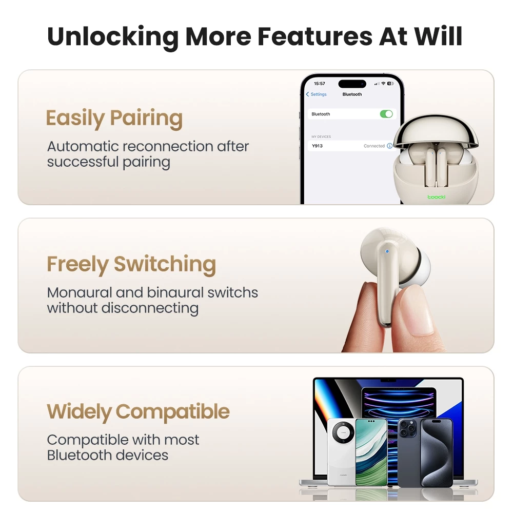 Aloking Y913 TWS Bluetooth Earphone Toocki In-Ear Noise Canceling Wireless Earphones Bluetooth Earphones Gaming Music Bass Sound Wireless Earbuds Headphone Sport Bluetooth Headset With Mic ear buds