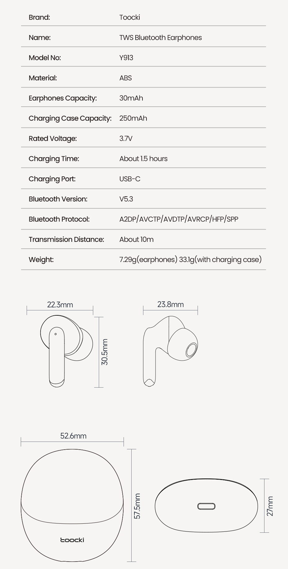 Aloking Y913 TWS Bluetooth Earphone Toocki In-Ear Noise Canceling Wireless Earphones Bluetooth Earphones Gaming Music Bass Sound Wireless Earbuds Headphone Sport Bluetooth Headset With Mic ear buds
