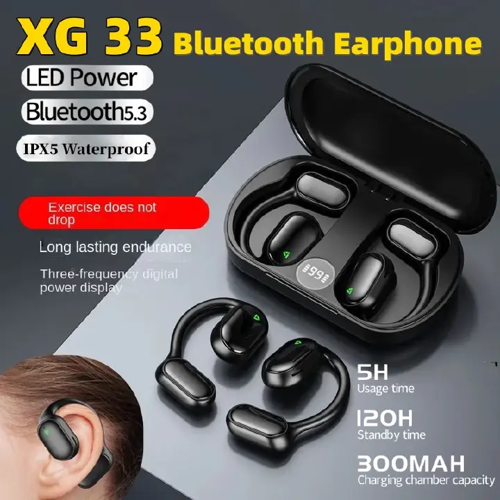 Aloking Hanging Ear Design Wireless Bluetooth Earphone XG33 Over Ear Sports earphones Bluetooth Headphones With Mic Charging Case Wireless Earphones ENC Noise Reduction Wireless Earbuds Earpods