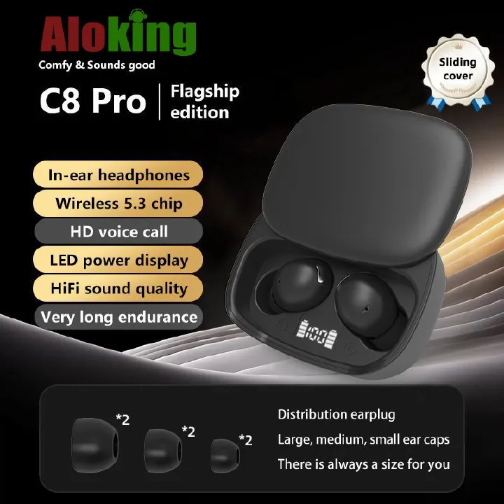 Aloking Bluetooth earphone C8 Pro slide cover TWS wireless Bluetooth headset 5.3 in-ear LED power gaming earbuds Bluetooth Headphone wireless earphone bluetooth earpods sleep earbuds Sport Earphone