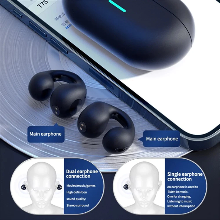 T7500 Bluetooth 5.3 Wireless Bone Conduction Headphones T75 Clip Ear Music Noise Canceling Headset HD Call Sports Gaming Earphone Waterproof Sports Earbuds Bluetooth Earpods HD Call Stereo Sound Pods