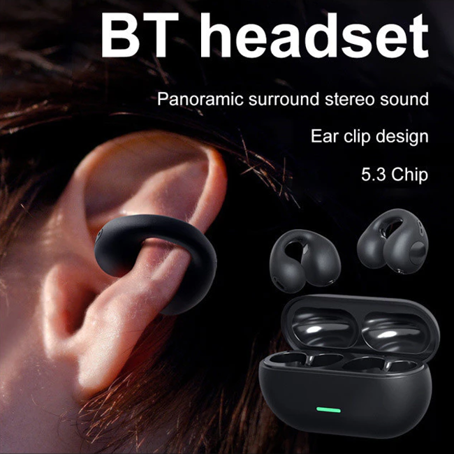T7500 Bluetooth 5.3 Wireless Bone Conduction Headphones T75 Clip Ear Music Noise Canceling Headset HD Call Sports Gaming Earphone Waterproof Sports Earbuds Bluetooth Earpods HD Call Stereo Sound Pods