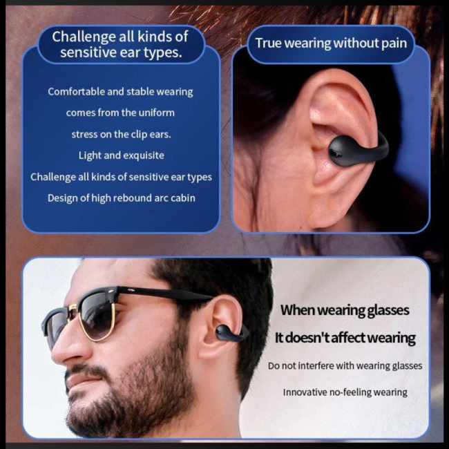 T7500 Bluetooth 5.3 Wireless Bone Conduction Headphones T75 Clip Ear Music Noise Canceling Headset HD Call Sports Gaming Earphone Waterproof Sports Earbuds Bluetooth Earpods HD Call Stereo Sound Pods