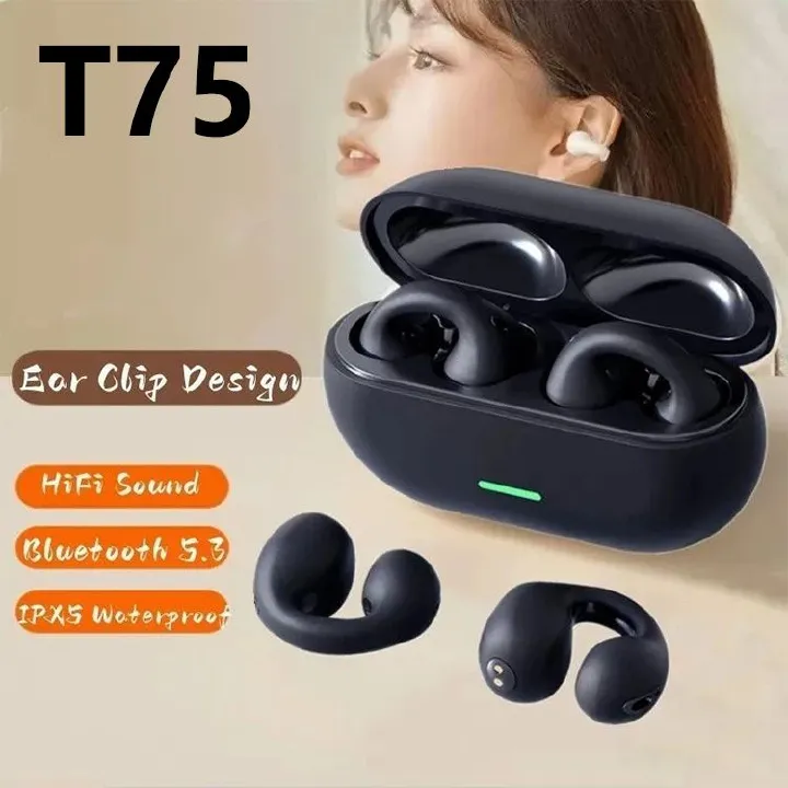 Aloking T75 T7500 Open Ear Bluetooth Headphone Wireless Clip-On Earphones Built-in Mic Bone Conduction Bluetooth Earphone Wireless Earbuds HD Call Noise Reduction Touch Control Earpods Gaming Earbuds