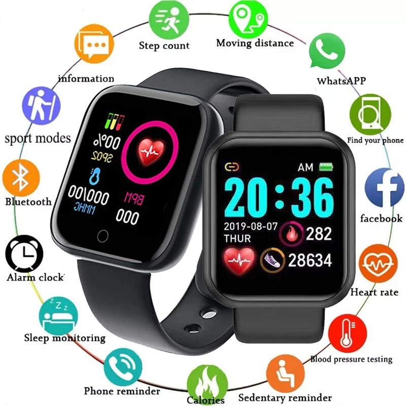 Fitness Sports Smart Watch Y68 Smart Wristbands Waterproof Pedometer Color Screen Walk Step Counter Men Women Watch Smart Bracelets Digital Watch Kids Smart Watch Sport Watches with Charging Adapter