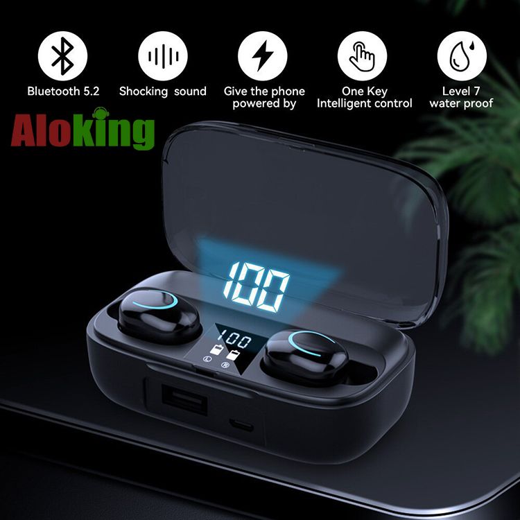 Aloking Sport Bluetooth Wireless Earphones With Mic HiFi Stereo Earbuds Gaming Bluetooth Earphones with Powerbank Noise Reduction Bluetooth Earpods Music Headset Battery Power Digital Display Earbuds