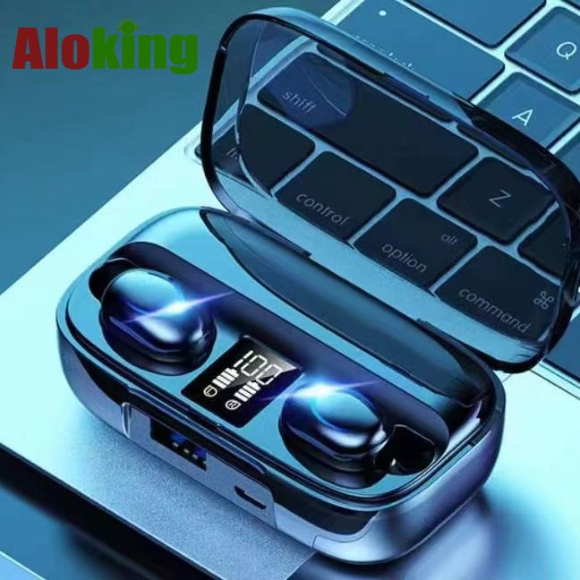 Aloking Sport Bluetooth Wireless Earphones With Mic HiFi Stereo Earbuds Gaming Bluetooth Earphones with Powerbank Noise Reduction Bluetooth Earpods Music Headset Battery Power Digital Display Earbuds