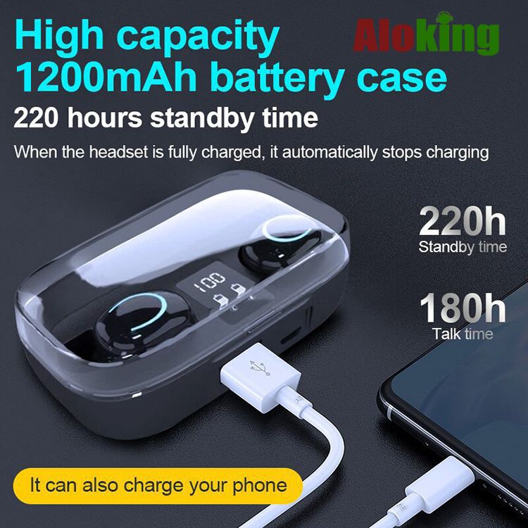Aloking Sport Bluetooth Wireless Earphones With Mic HiFi Stereo Earbuds Gaming Bluetooth Earphones with Powerbank Noise Reduction Bluetooth Earpods Music Headset Battery Power Digital Display Earbuds