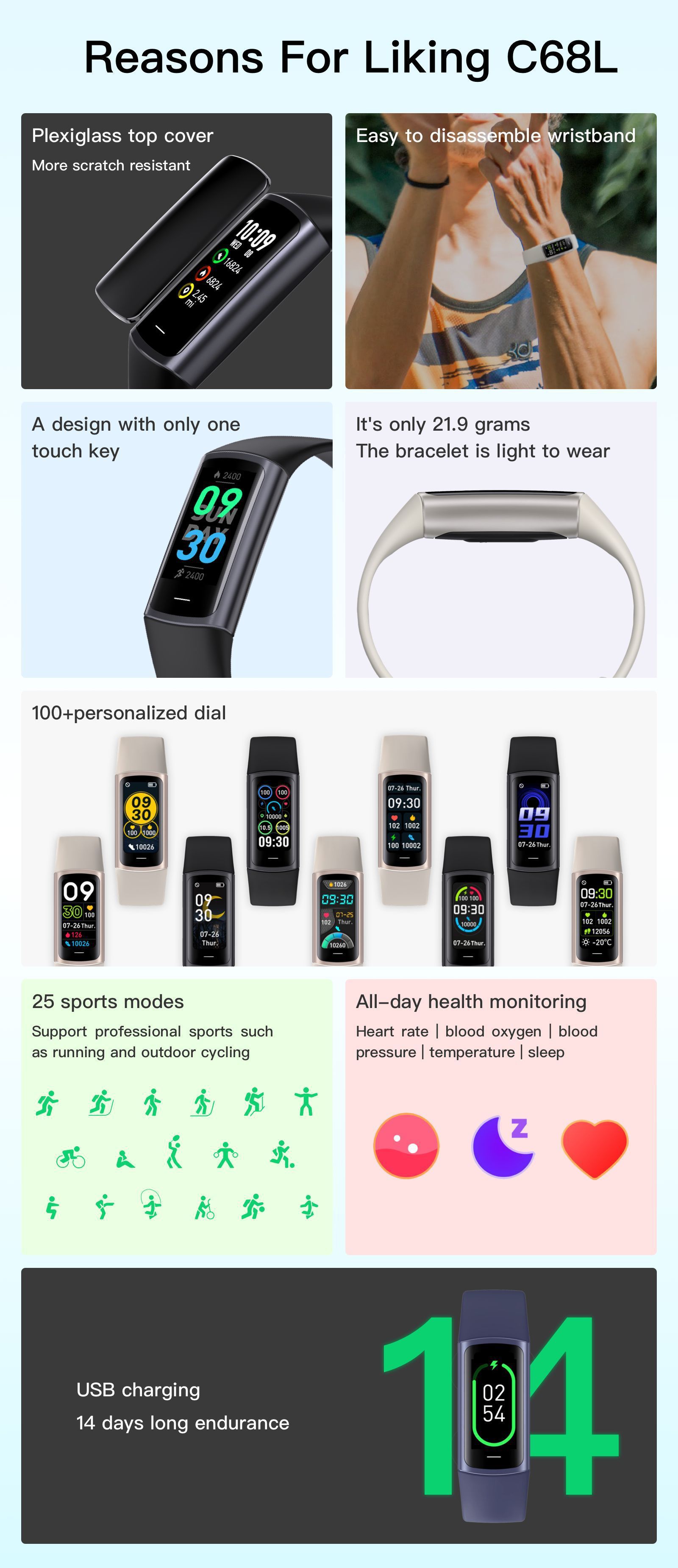 Women Smart Watch C68L Blood Oxygen Heart Rate Blood Pressure Meter Step Smart Bracelet Phone Reminder Ladies Watch Women's Sport Watch Smart Bracelet Waterproof Woman Wrist Watch Bluetooth Smartwatch