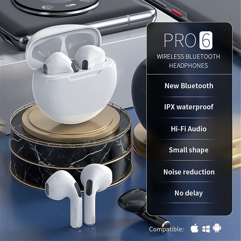 Aloking Pro6 TWS Bluetooth Earbuds Wireless Bluetooth Earphone Touch Control 9d Stereo Headset Build-in MIC earphones bluetooth original Cartoon pattern Cute Wireless Earphone Gaming Earbuds Airpods