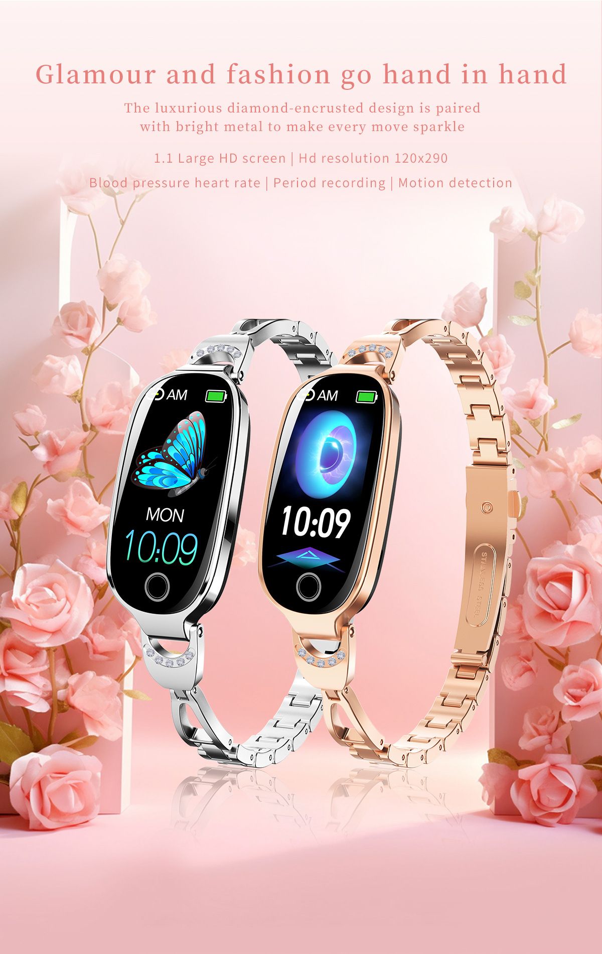 woman smartwatches Bluetooth call Heart Rate Monitor 1.1'' Full Touch Screen Stainless Steel Strap Waterproof Smart watch Fitness Sports Watches Smart Watch For Women ladies watches women gifts