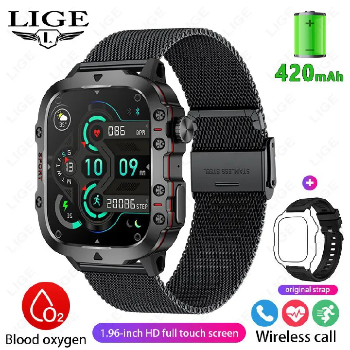 LIGE Smartwatch QX11 Smart Watch Touch Screen 1.96inch Large Screen HD Bluetooth Call SOS Voice Assistant Men Women Smartwatch Sports Fitness Tracker Waterproof Outdoor Sports Smart Watch For Men