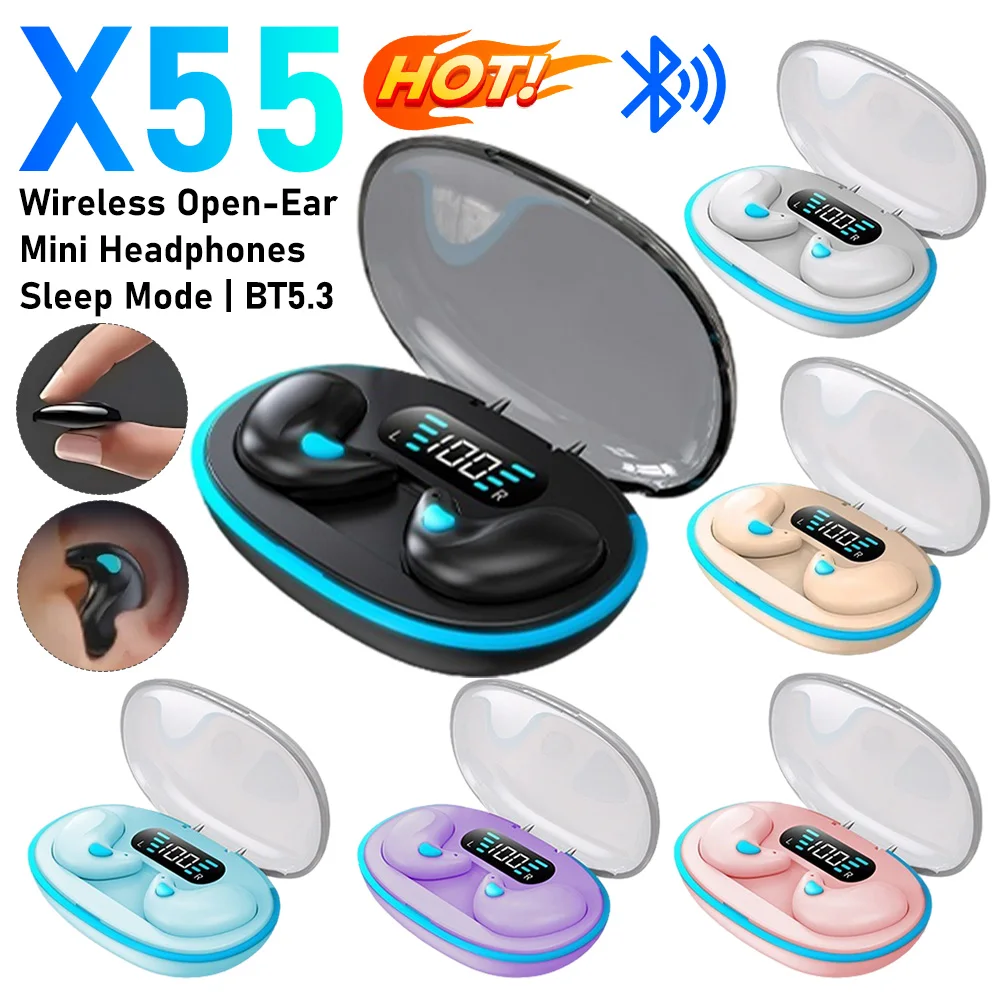 Aloking Original X55 Earbuds Wireless Sleep Earphone TWS Noise Reduction Invisible Earphone Sleeping Headset Bluetooth Sport Headphones Earbuds X55 Sleeping Airpod Mini Super Bass Sound Earpods Earbud