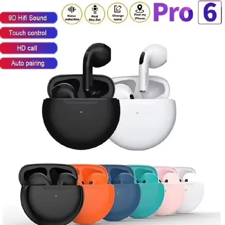 Pro 6 Airpods TWS Black Earbuds Air pro 6 true Bluetooth Wireless earphones run sports earphone with microphone Pro6 wireless Headset Bluetooth earphone Bluetooth Earpods Gaming Wireless Earbuds