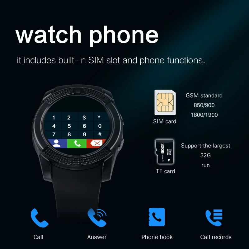 V8 Smart Watch With SIM Card Port PK DZ09 A1 Smart Watch For Men/Women Phone Watch Waterproof Smartwatch Touch Screen Woman Wrist Watch with Camera SIM Card Slot Kids Smart Watch Sports Watch