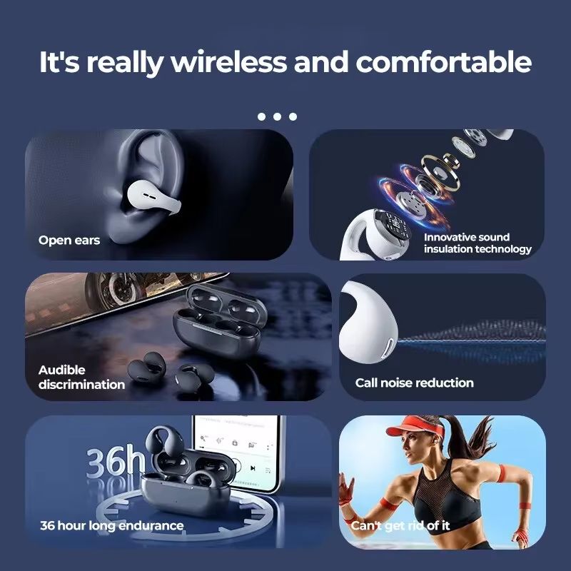 Aloking TWS Wireless Bluetooth Earphone Clip On Ear Sports Earbuds HIFI Stereo Sound Earpods Bluetooth Painless Headset Not in Ear Wireless Earphone Original Bluetooth Earpods Wireless Earphones