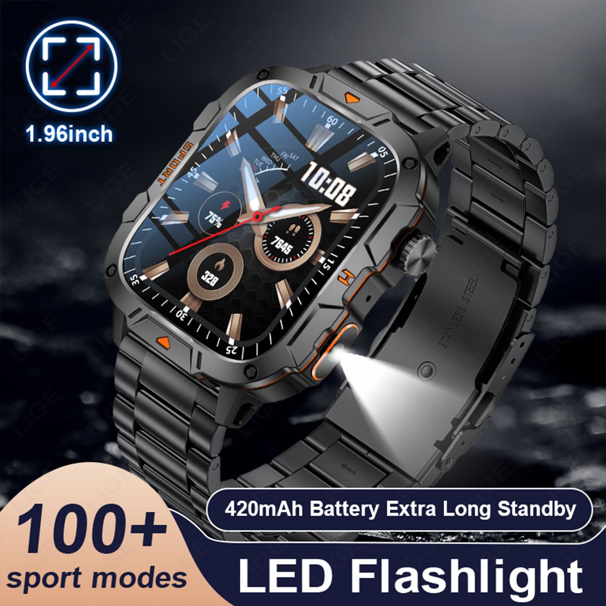 QX12 New Smart Watch Multi-functional Bluetooth Call Waterproof Pedometer Sports Men's Watch Rugged Military Sports Smart Watch For Men Heart Rate Monitor Outdoor Smart Watch With LED Flashlight SOS