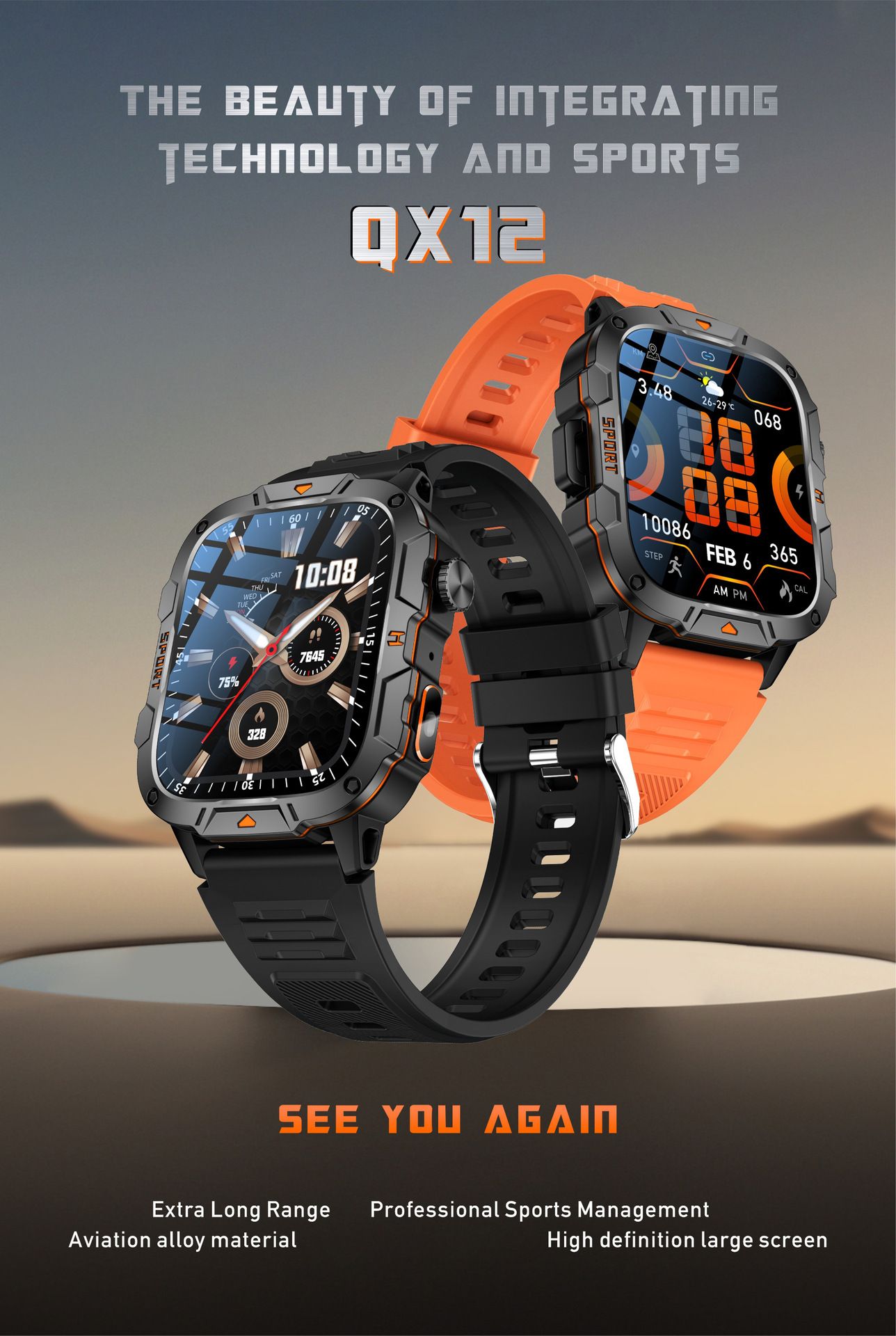 QX12 New Smart Watch Multi-functional Bluetooth Call Waterproof Pedometer Sports Men's Watch Rugged Military Sports Smart Watch For Men Heart Rate Monitor Outdoor Smart Watch With LED Flashlight SOS