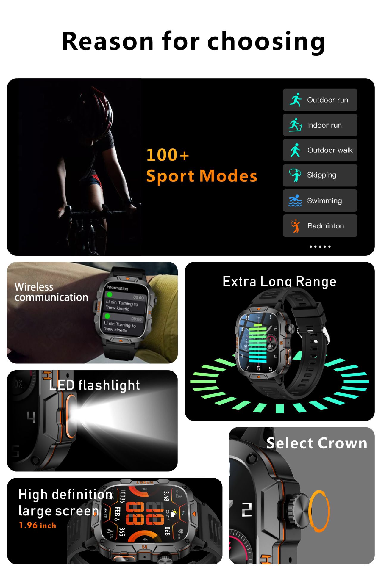 QX12 New Smart Watch Multi-functional Bluetooth Call Waterproof Pedometer Sports Men's Watch Rugged Military Sports Smart Watch For Men Heart Rate Monitor Outdoor Smart Watch With LED Flashlight SOS