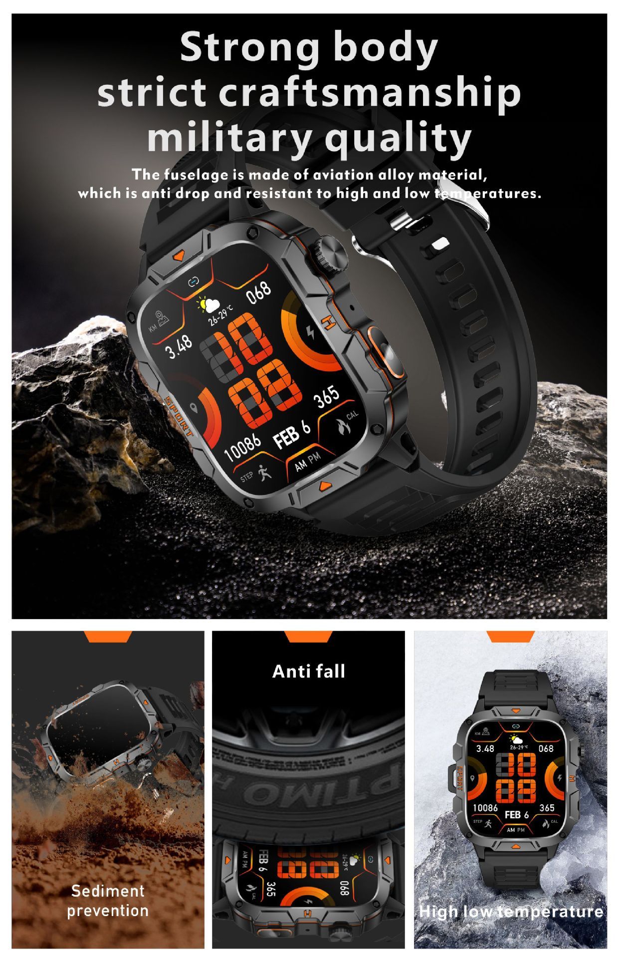 QX12 New Smart Watch Multi-functional Bluetooth Call Waterproof Pedometer Sports Men's Watch Rugged Military Sports Smart Watch For Men Heart Rate Monitor Outdoor Smart Watch With LED Flashlight SOS