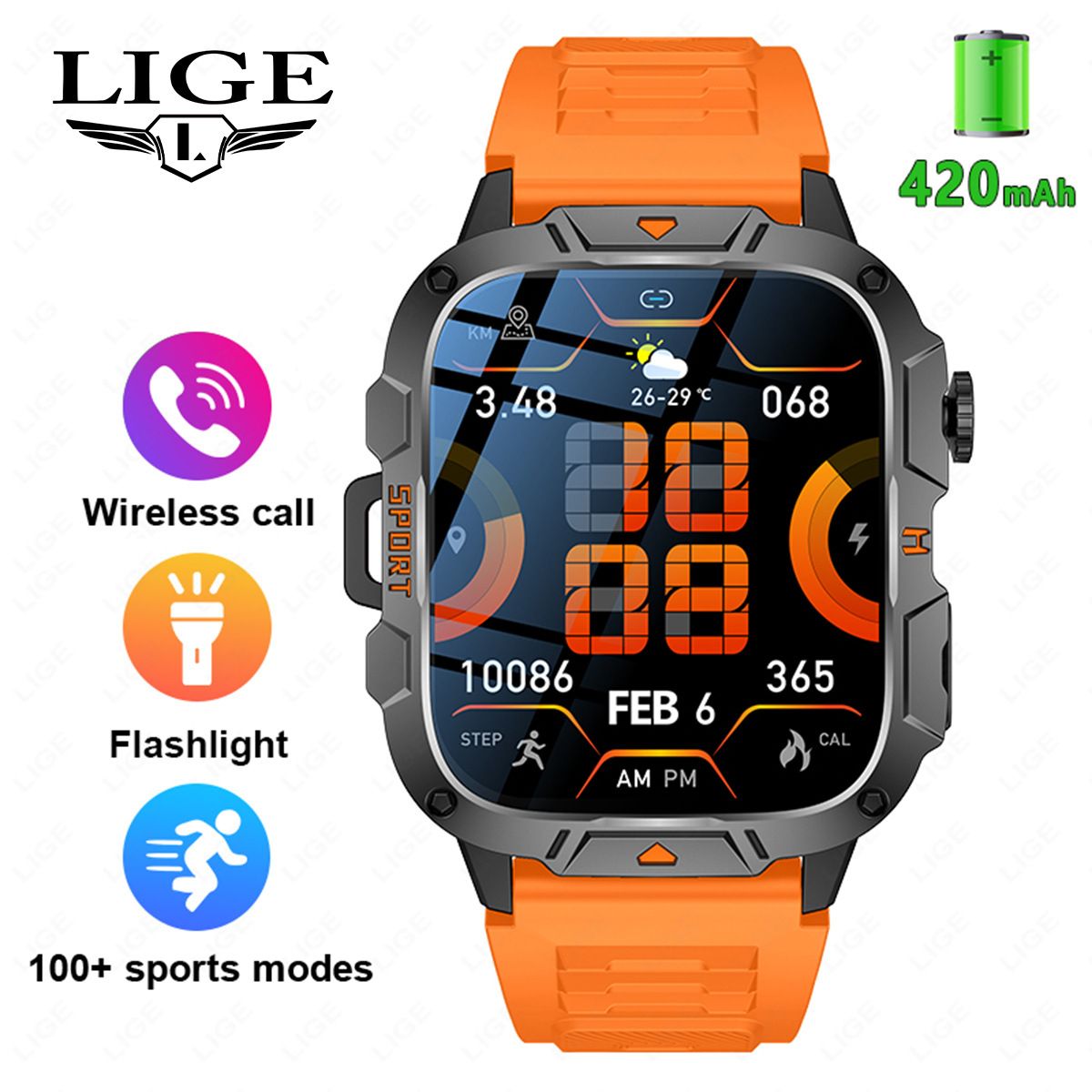 QX12 New Smart Watch Multi-functional Bluetooth Call Waterproof Pedometer Sports Men's Watch Rugged Military Sports Smart Watch For Men Heart Rate Monitor Outdoor Smart Watch With LED Flashlight SOS