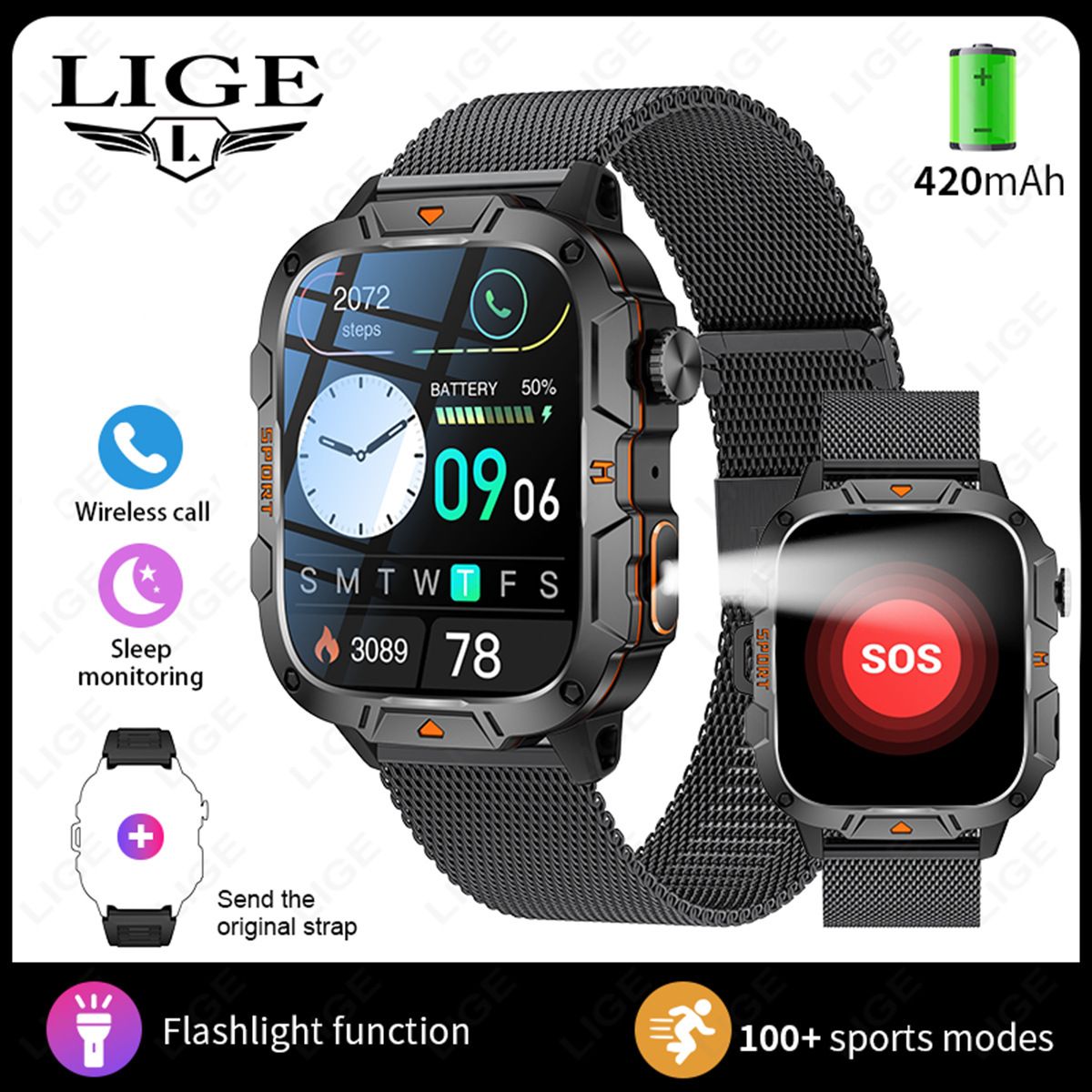 QX12 New Smart Watch Multi-functional Bluetooth Call Waterproof Pedometer Sports Men's Watch Rugged Military Sports Smart Watch For Men Heart Rate Monitor Outdoor Smart Watch With LED Flashlight SOS